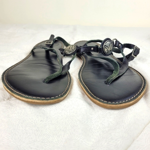 American Eagle Outfitters black leather thong sandals silver logo beach edgy 7.5 - Picture 7 of 8